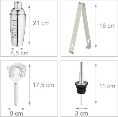 Relaxdays Cocktail Set, 12-TLG. Barset mit Ständer, Shaker, Barmass, Barlöffel, Zange, Edelstahl & B