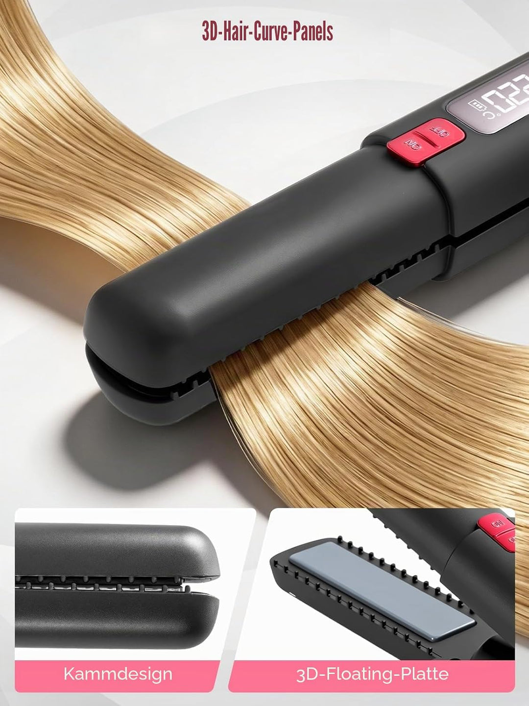 Glätteisen Kabellos mit 4500mAh Akku, 6 Stufen(160-220°C), Tragbarer Akku Haarglätter, Mini Reise Gl