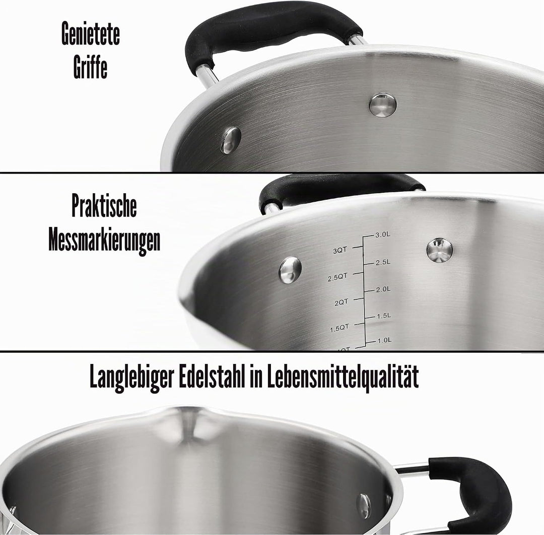 3.5L Edelstahl 18/8 Kochtopf Induktionsgeeignet für alle Herdarten, Glasdeckel mit Abgiesslöchern, S