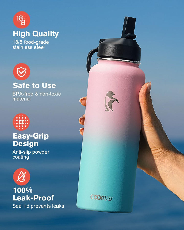 Isolierte Wasserflasche mit Strohhalm und 3 Deckeln, Coolflask Edelstahl-Metallflasche, breite Öffnu