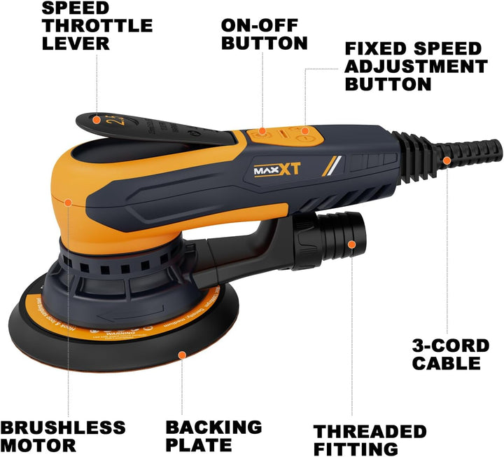 MAXXT 350W bürstenlose Exzenterschleifer mit 2,5 mm, Elektrische Schleifmaschine 150mm 4000-10000 U/