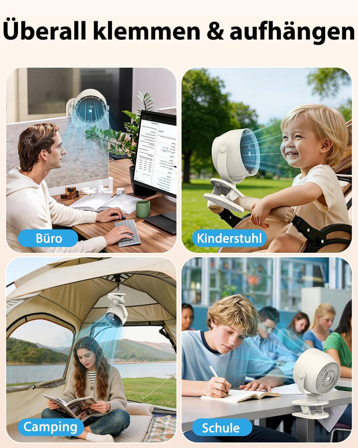 Tragbarer USB Tischventilator mit Akku, 100 Stufen, 360° Drehen & Kippen, Digitalanzeige, Mit Klemme