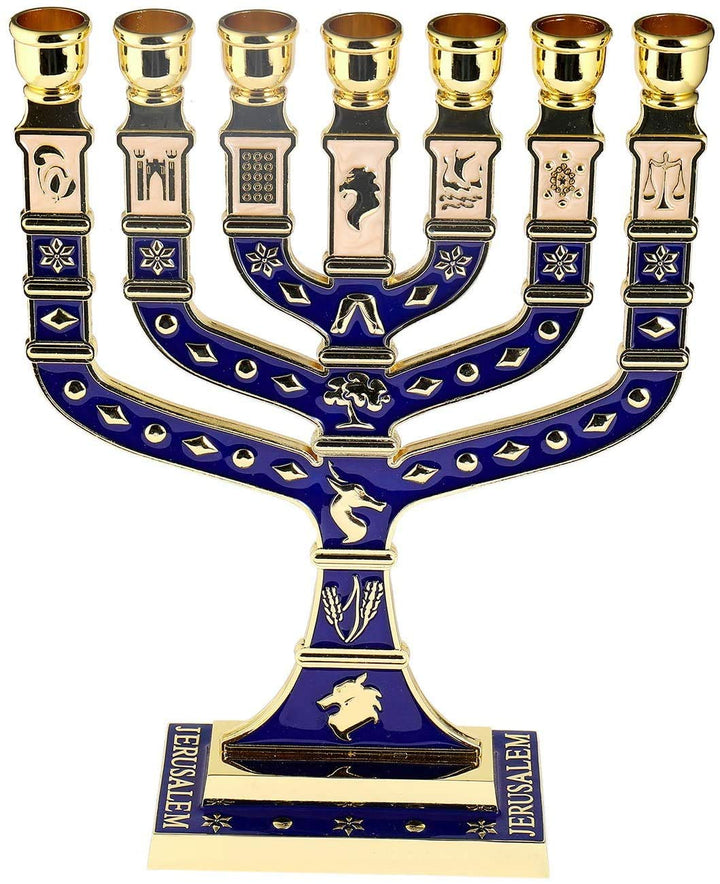 BRTAGG Menora, jüdischer Kerzenständer, 12 Stämme Israel, 7 Armen, Höhe 27 cm