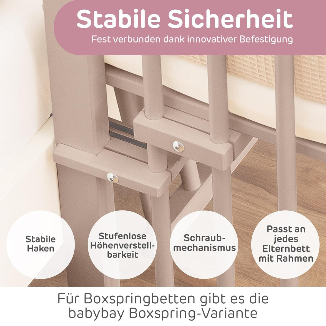 babybay Maxi Comfort Plus Beistellbett & Stubenwagen aus massivem Buchenholz/Zustellbett mit Verschl