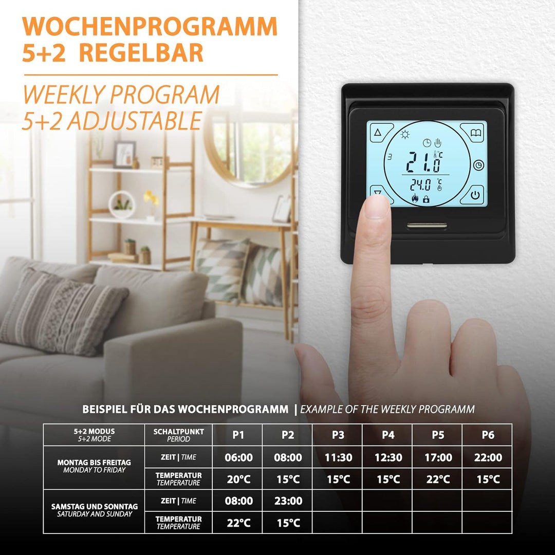 E91 Digital-Thermostat Raumregler mit Touch-Display und EXT. Sensor 10kOhm, für Fussbodenheizung ele