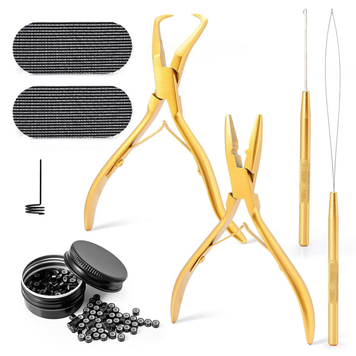 FOSHIO Haarverlaengerung Werkzeug Microring Extensions Set mit 200 Schwarz Microringe 2 Stück Micror