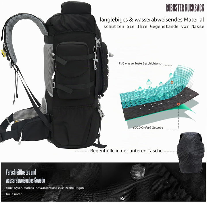Bseash 70L (65+5) Wasserdichter Wanderrucksack mit Regenschutz, Outdoor-Sport, Reisen, Tagesrucksack