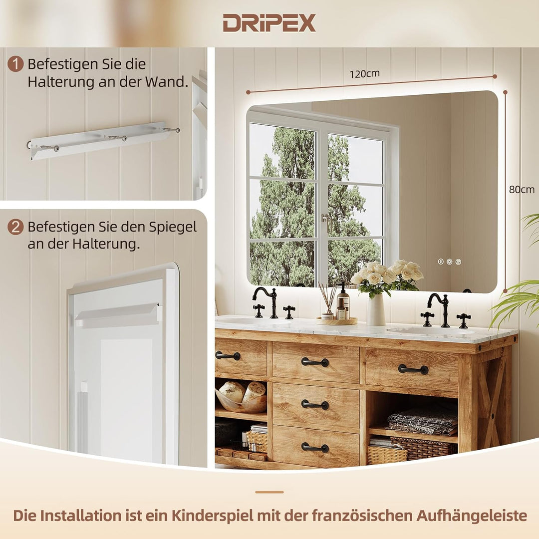 Badezimmerspiegel Led Badspiegel, Rechteckig, Touch-Schalter, Dimmbar, 3 Lichtfarbe Einstellbare Spi