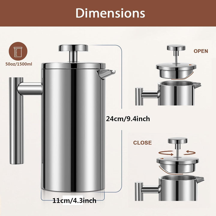Kaffeebereiter French Press 1,5 Liter Kaffeezubereiter aus Edelstahl, Doppelwandig Isoliert French P