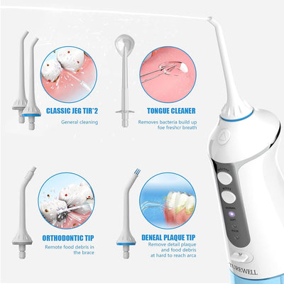 TUREWELL FC1591 Munddusche,Elektrisch zahnzwischenraumreiniger mit 3 Modi und 5 Düsen,IPX7 Wasserdic