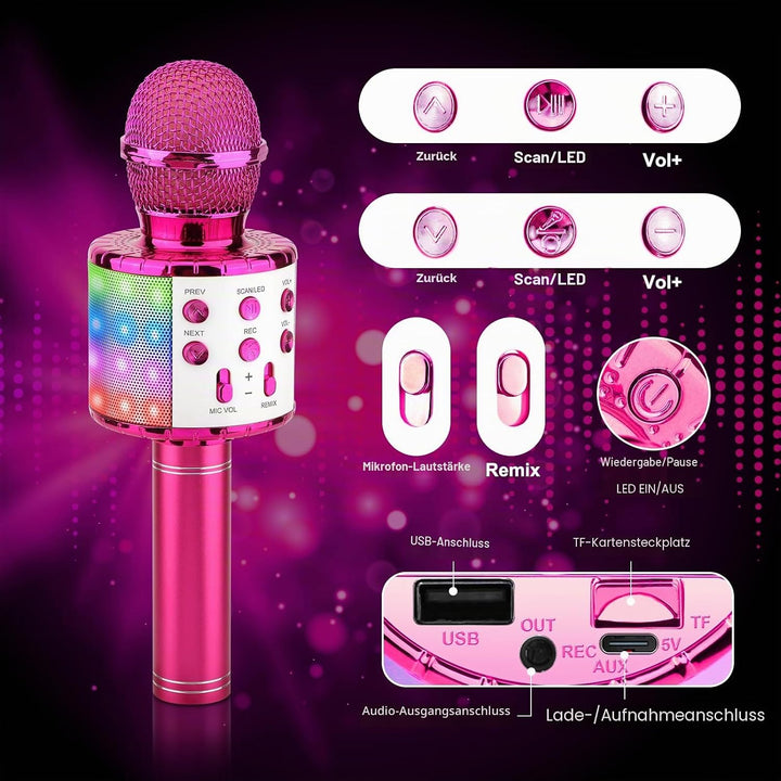 ShinePick Karaoke Mikrofon Bluetooth, 4-in-1 Drahtloses Geschenke Mikrofon Kinder Mädchen,Tragbare L