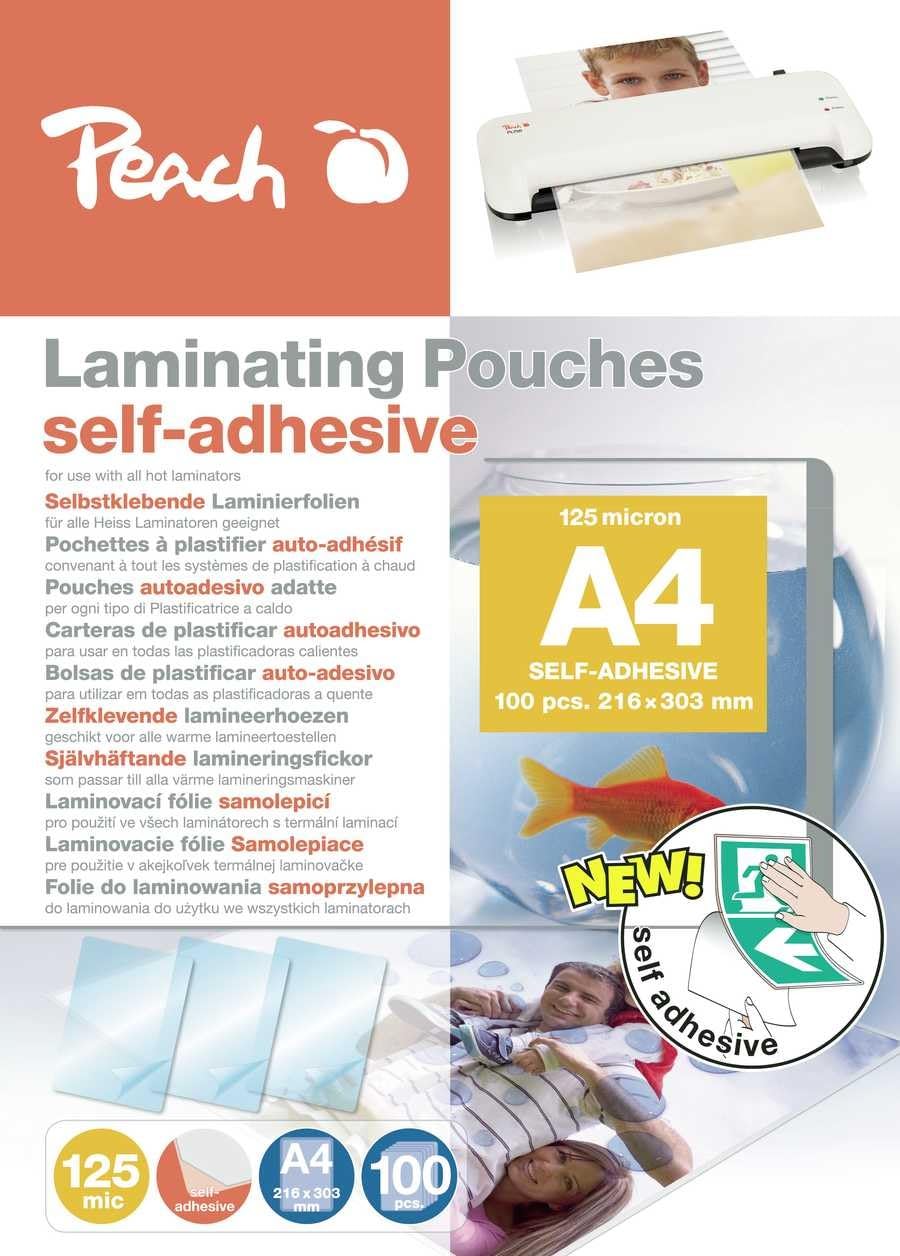 Peach Laminierfolien A4-125 mic - 100 pouches - selbstklebende Rückseite - geeignet für selfmade Bil