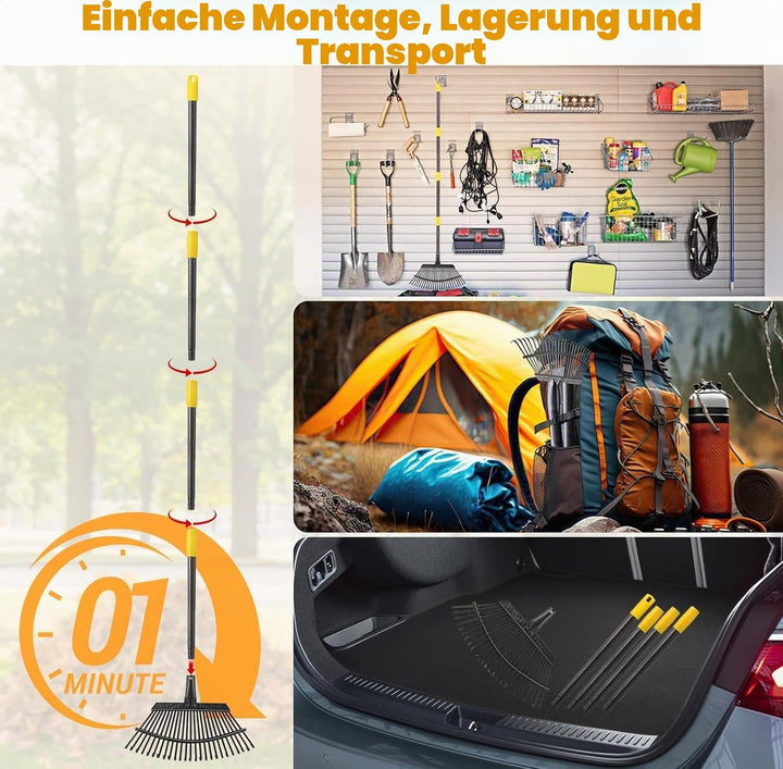 Rechen, Gartenlaubrechen Set - mit 32 Gallonen Laubsäcken und 2 Laubschaufeln, 202cm Laubrechen mit