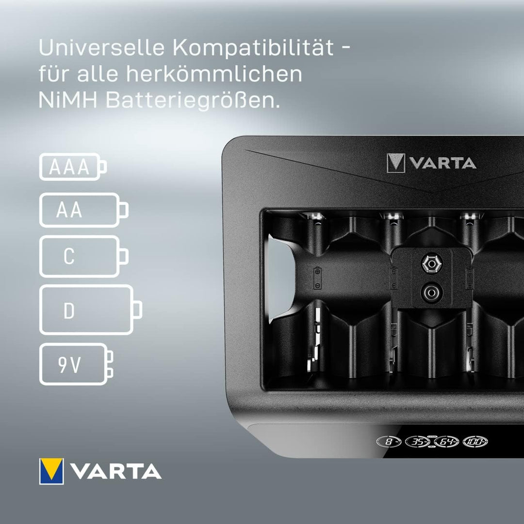 VARTA Universal Charger+, Ladegerät für Akkus in AA/AAA/9V und USB Geräte, Einzelschachtladung LCD U