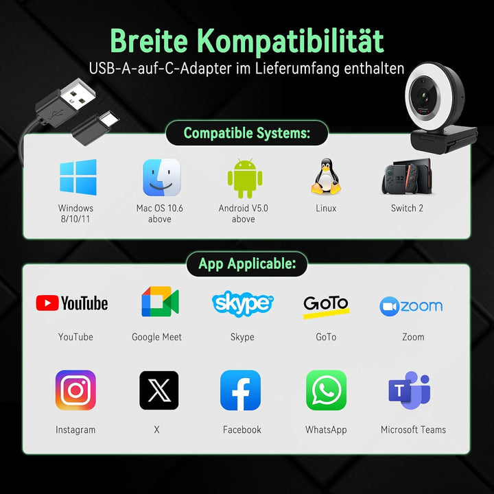 Angetube Webcam für PC, 1080P/30fps USB-Kamera mit Ringlicht, Privatschatten, Autofokus, Computer Ca