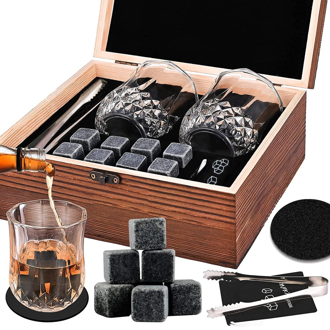8 Whisky Steine mit 2 Whiskey Gläsern, Zange & Holz Geschenkbox - Whiskey Steine Geschenkset aus Nat