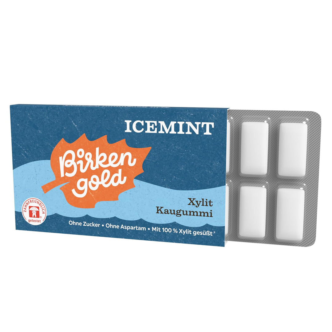 Birkengold Xylit Kaugummi Icemint | 24 Stk. Blister | Zahnpflege-Kaugummi | zuckerfrei | hoher Xylit