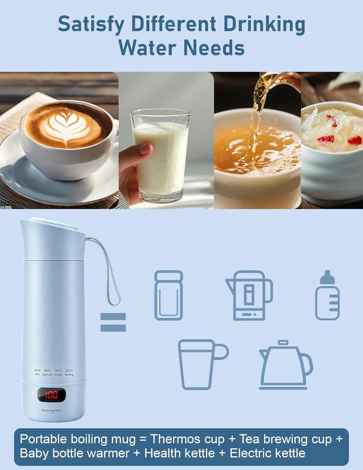 Reisewasserkocher Klein, 450ml Tragbarer Mini Wasserkocher mit 6 Temperatureinstellung LED-Display E
