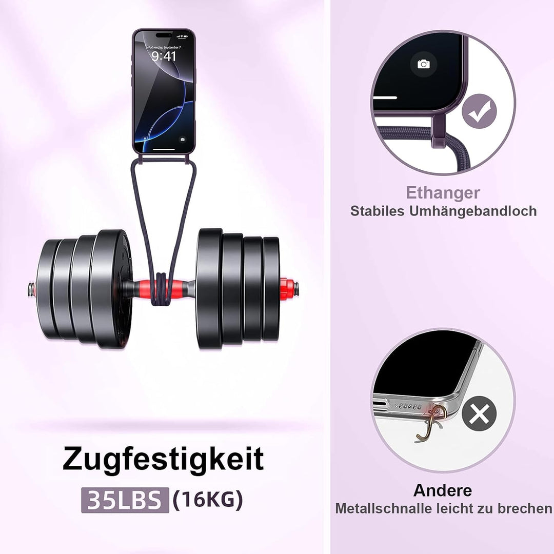 Ethanger Handykette für iPhone 16 Pro Max Hülle mit Band + 2 Stück Glas Schutzfolie Transparent Sili