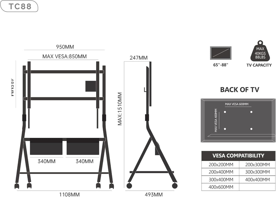FITUEYES Design Mobiler TV Ständer Rollbar, TV Stand für 65 70 75 80 85 88 Zoll Fernseher bis 55kg,