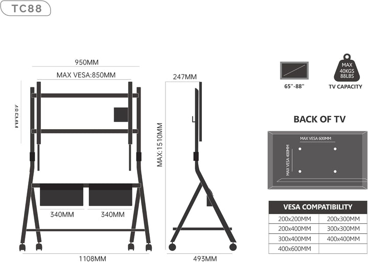 FITUEYES Design Mobiler TV Ständer Rollbar, TV Stand für 65 70 75 80 85 88 Zoll Fernseher bis 55kg,