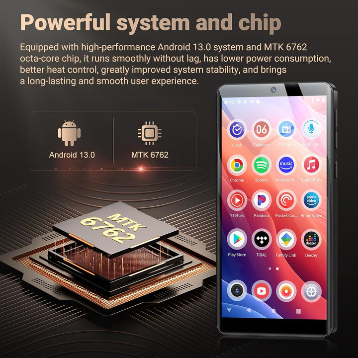 128GB MP3 Player mit Bluetooth WiFi und Kamera, Android 13.0 Spotify MP3 Musik Player mit Lautsprech