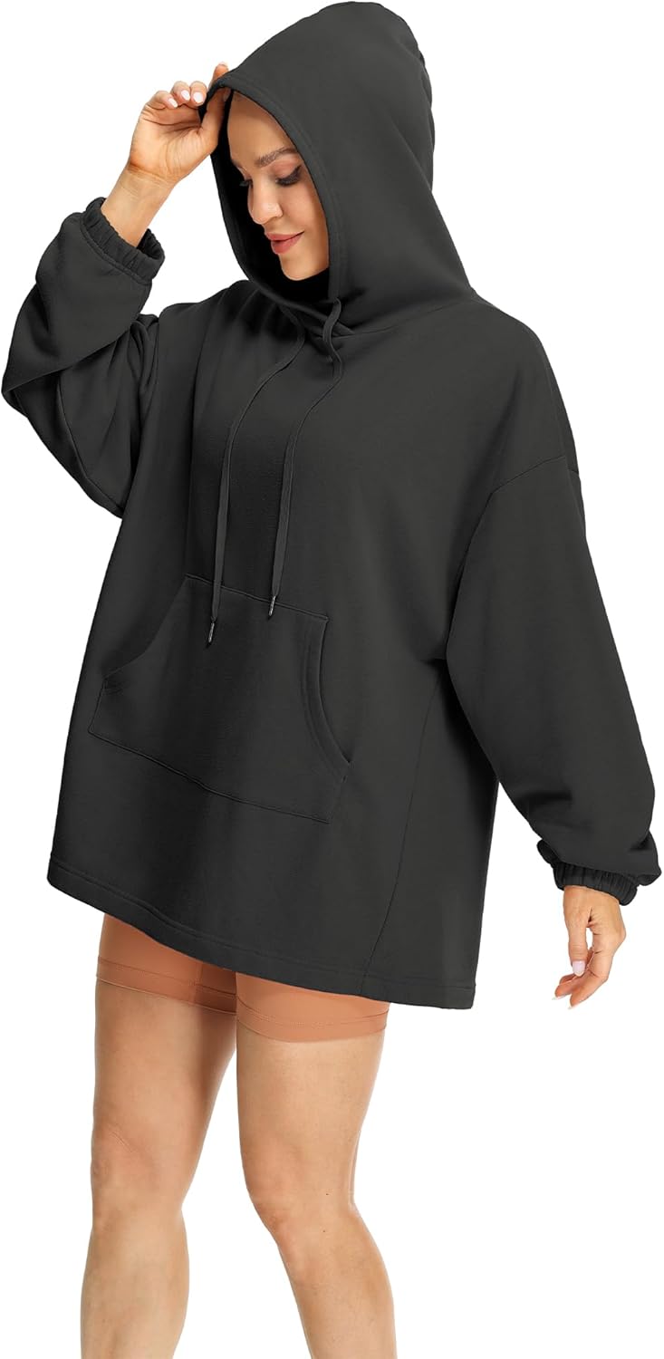 icyzone Damen Lang Oversize Hoodie Fleece Kapuzenpullover Casual Sweatshirt mit Kängurutasche S Schw