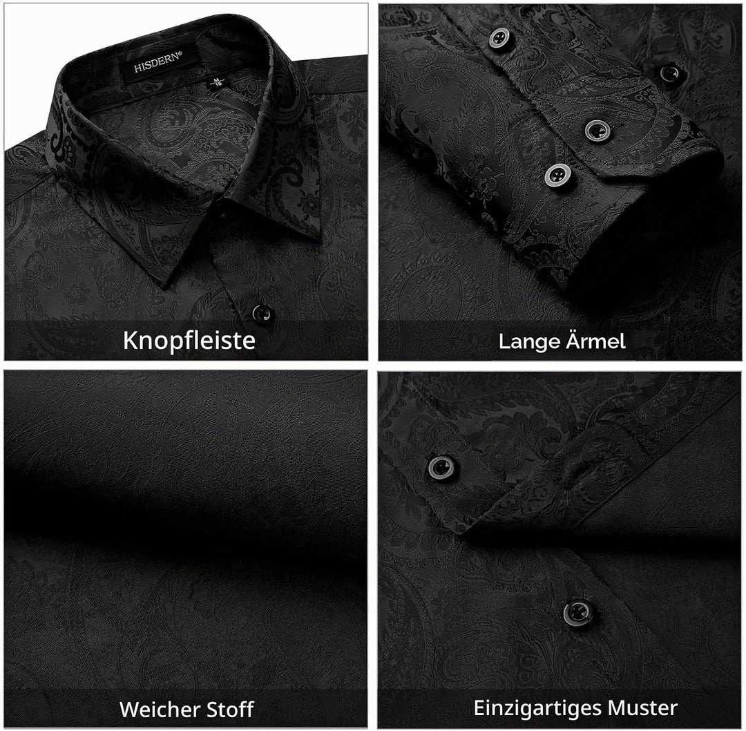 HISDERN Herren Paisley Hemd Langarm Satin Blumen Muster Hemd für Männer Jacquard Stickerei Freizeith