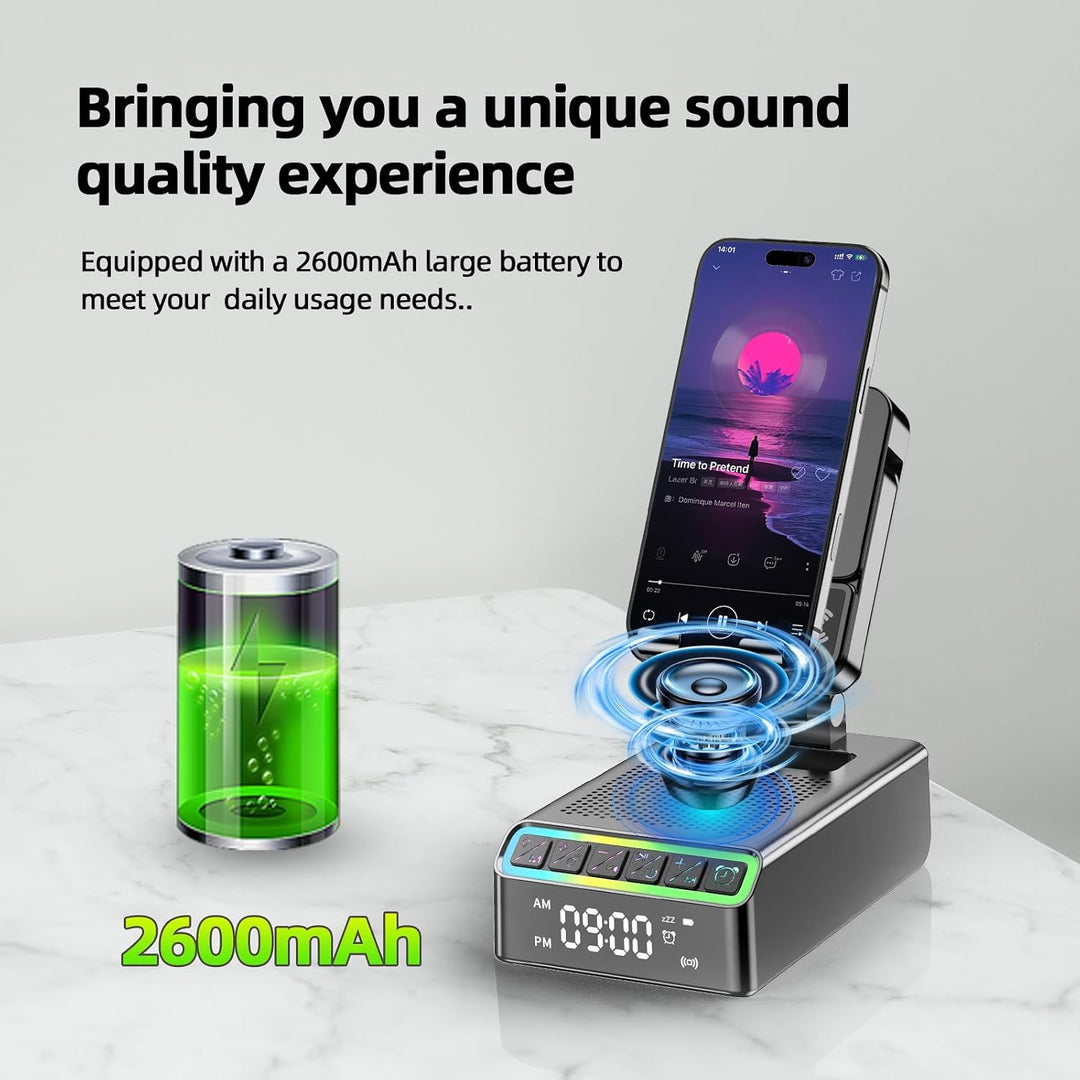 Bluetooth Lautsprecher mit Handyhalterung, 9-in-1 Musikbox Bluetooth 6.0 (Querformat/Hochformat) Ind