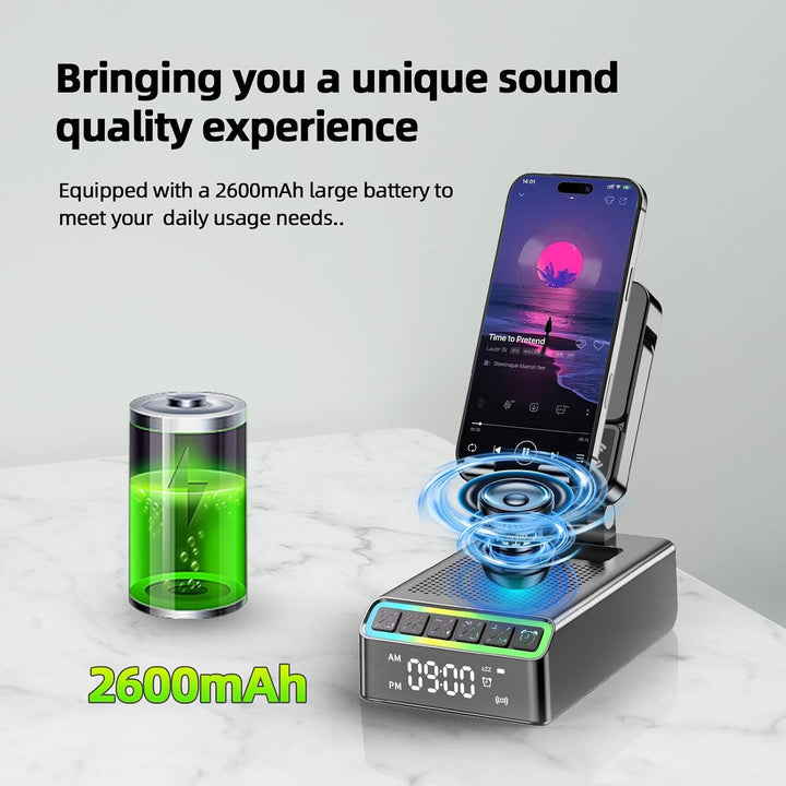 Bluetooth Lautsprecher mit Handyhalterung, 9-in-1 Musikbox Bluetooth 6.0 (Querformat/Hochformat) Ind