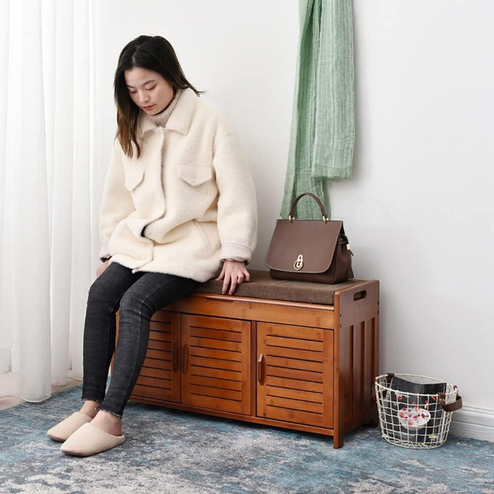 Kleine Schuhschrank mit Sitzbank, Holz Schuhregal mit Sitzfläche, Bambus Bank mit Stauraum und Sitzk