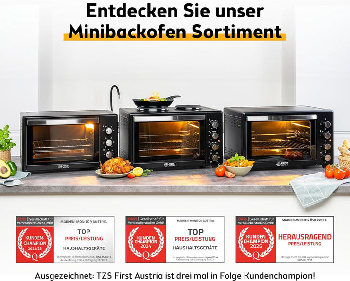 TZS First Austria Minibackofen, 45L, 2000 Watt, Digitalanzeige, kompakter Elektroofen für den Tischg
