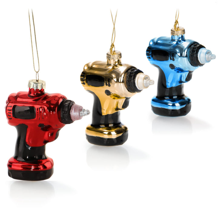 com-four® 3X Premium Christbaumschmuck - Deko-Bohrmaschine aus Glas - besondere Baumkugeln als Weihn
