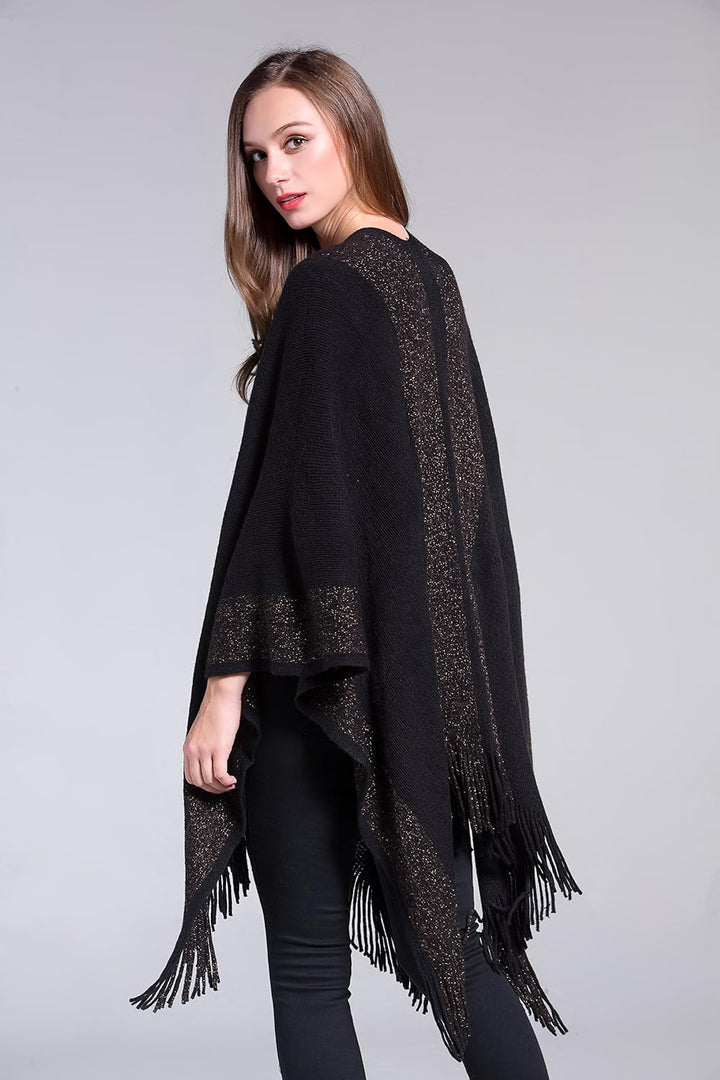 ZLYC Damen Weiche Schlichte Poncho Capes Retro Cardigans Pullover Schwarz, Schwarz