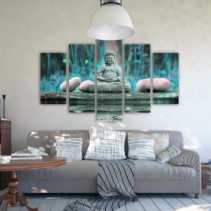 Feeby Leinwandbild 5 Teilig Buddha Bild Wanddeko Natur Wasser Steine Zen blau 150x100 cm Leinwandbil