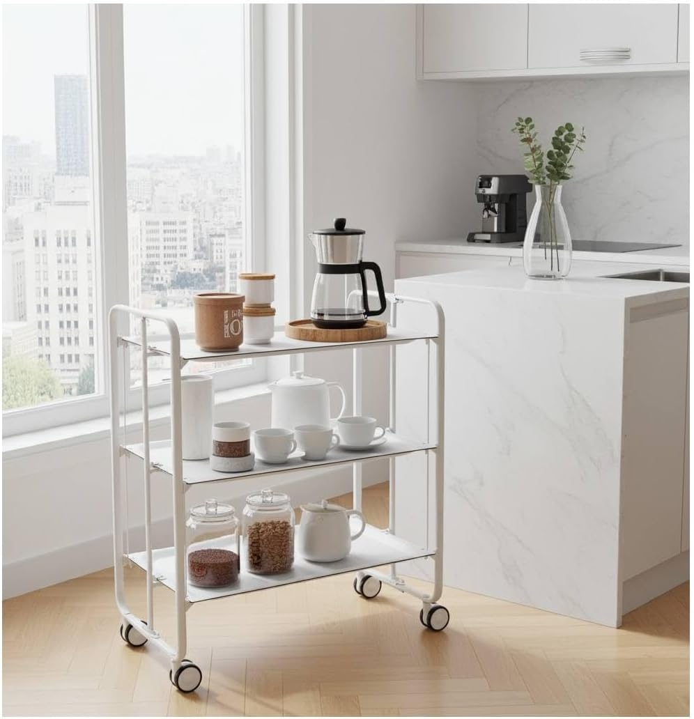 DON HIERRO - Bauhaus Rolltisch, klappbar, 3 Ablagen, Gestell weiss 43 Weiss, 43 Weiss