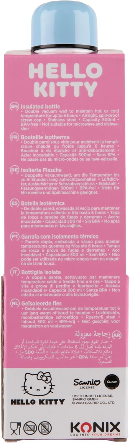 Konix Hello Kitty Isolierflasche - Edelstahl - 500 ml - Skateboard-Motiv - Blau Hello Kitty Blau - S
