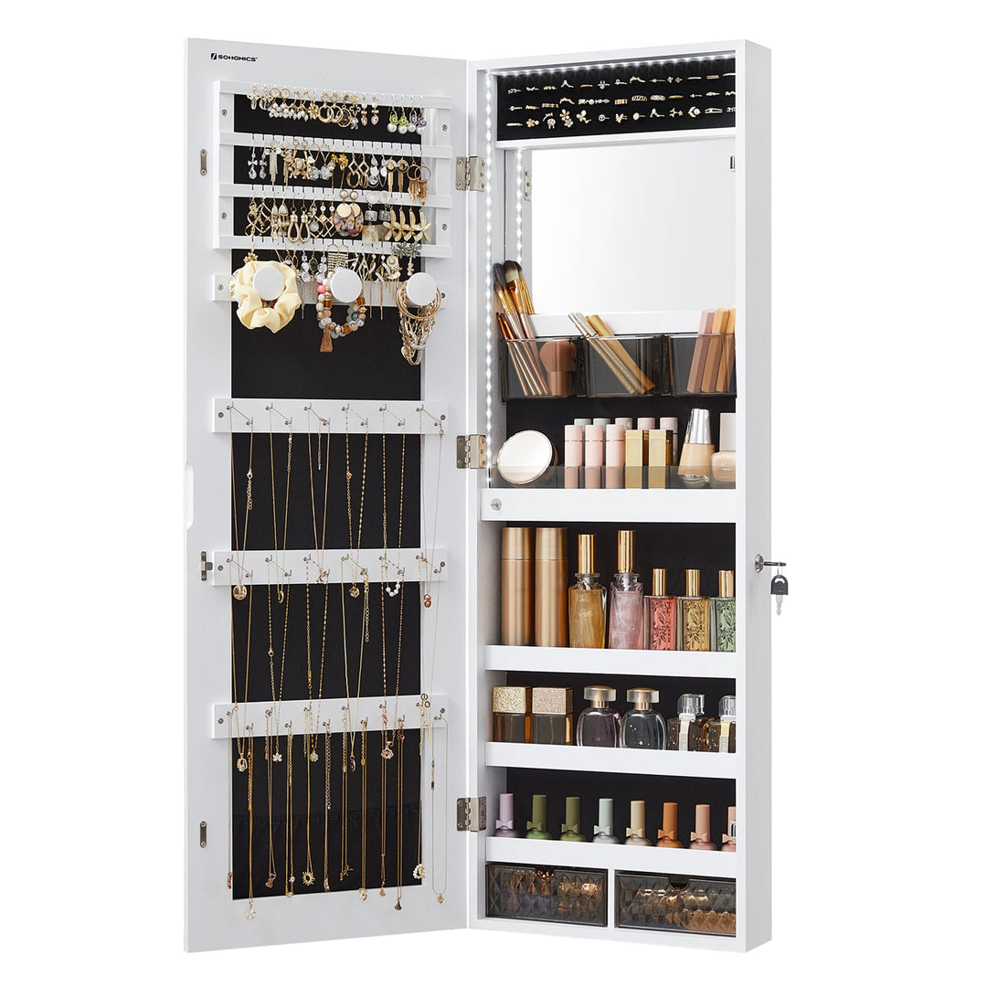 SONGMICS Schmuckschrank, Wandmontage, Organizer mit LED-Lichtern, Aufbewahrungsschrank, mit rahmenlo