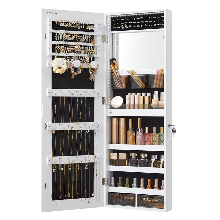 SONGMICS Schmuckschrank, Wandmontage, Organizer mit LED-Lichtern, Aufbewahrungsschrank, mit rahmenlo