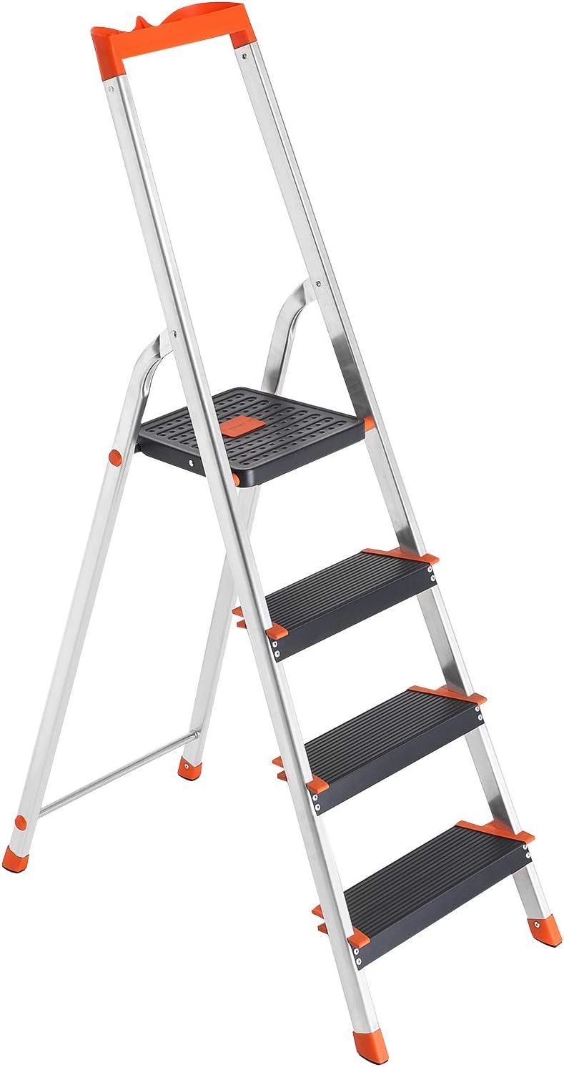 SONGMICS Leiter mit 4 Stufen, Aluleiter, 12 cm breite Stufen mit Riffelung, Anti-Rutsch-Füsse, mit H