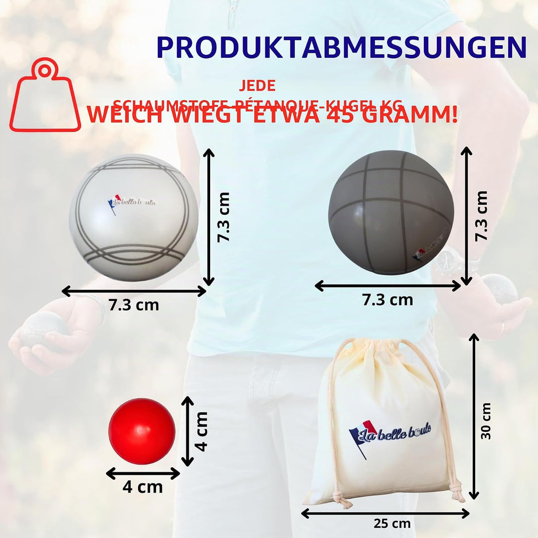 La belle boule Boccia-Kugel aus Schaumstoff – Innen &amp; Aussen – Set mit 6 Kugeln + rote Zielkugel + A