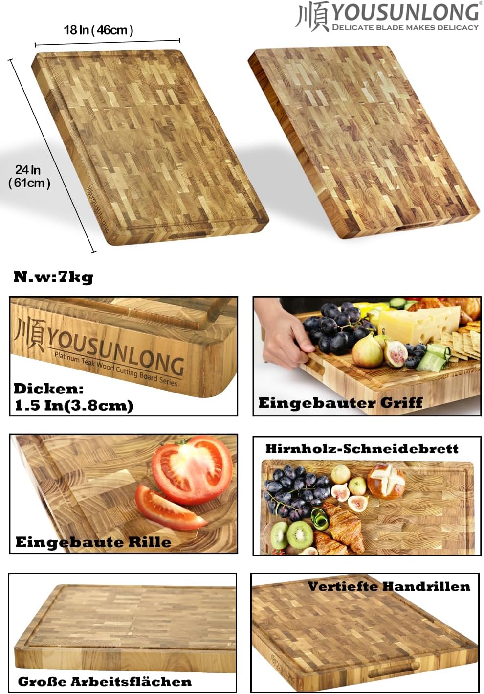 YOUSUNLONG Schneidebrett - XXL Grosses End-Grain Teakholz Fleischer-Block - 61L x 46B x 3,8D cm - Sc