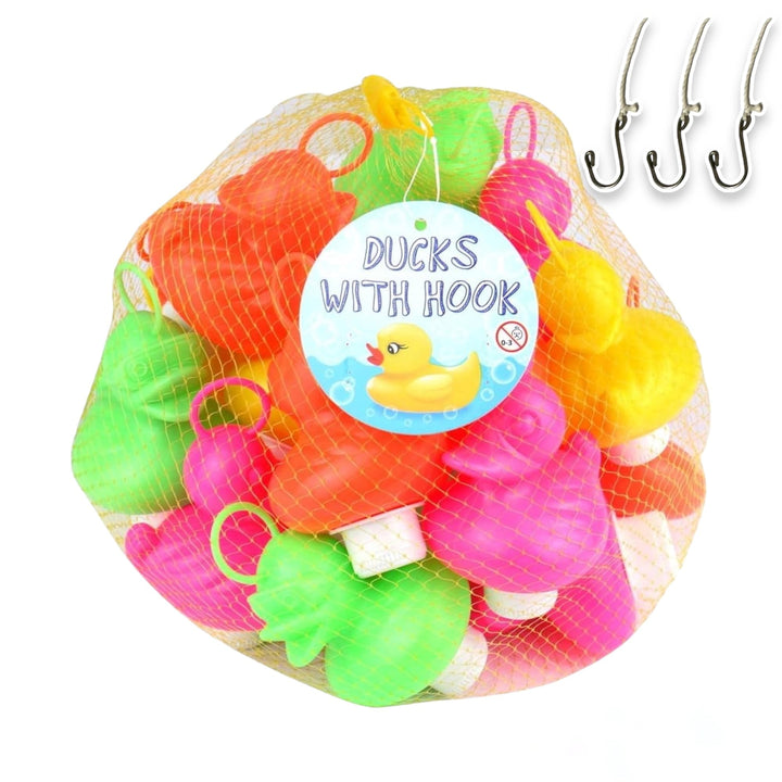 Enten-Angel-Set mit 20 bunten Kunststoff-Enten mit Haken und Gewichten, inkl. 3 Haken, Badespielzeug