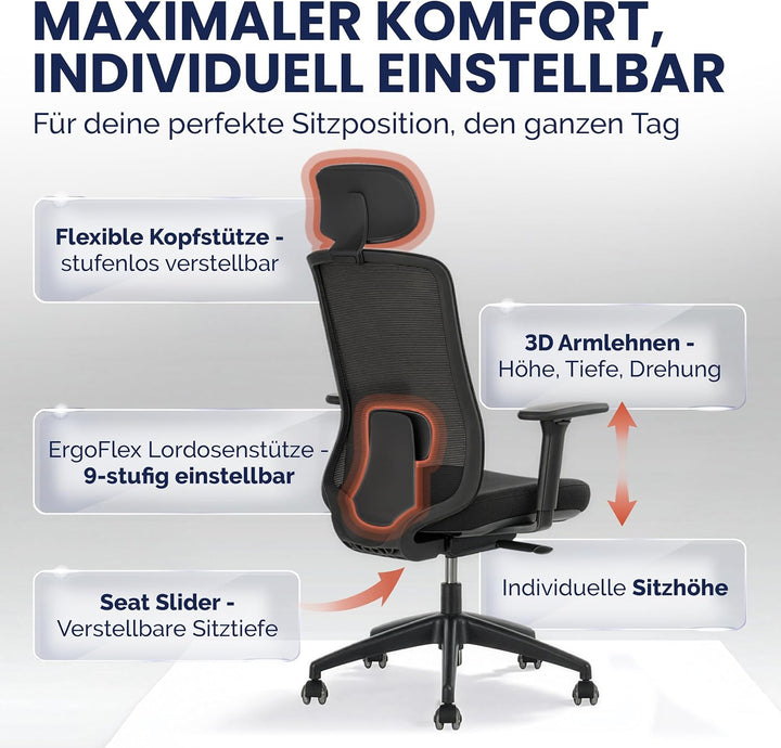 SCHEKKA® Bürostuhl Ergonomisch Testsieger - Besonders individuell Einstellbarer Schreibtischstuhl mi