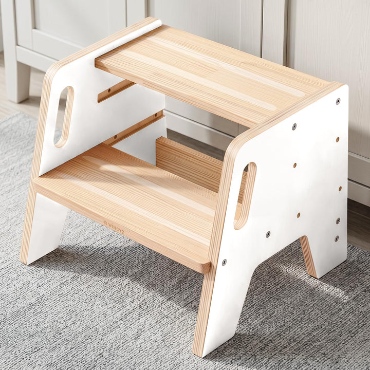 WINGYZ Tritthocker Kinder 2 Stufen aus Holz Zweistufiger Hocker mit 3 verstellbaren Höhen, 2 Griffen