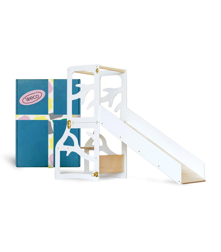 Weco Kinder-Lernturm 3 in 1 mit Rutsche weisser Tritthocker Schreibtisch Rutsche Montessori Möbel Kü