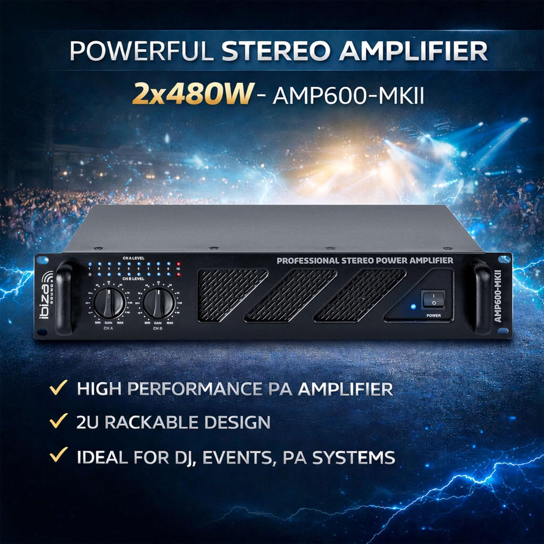 Ibiza - AMP600-MKII - Professioneller PA-Verstärker 2x480W mit RCA/Klinke Eingängen und Speakon/Born