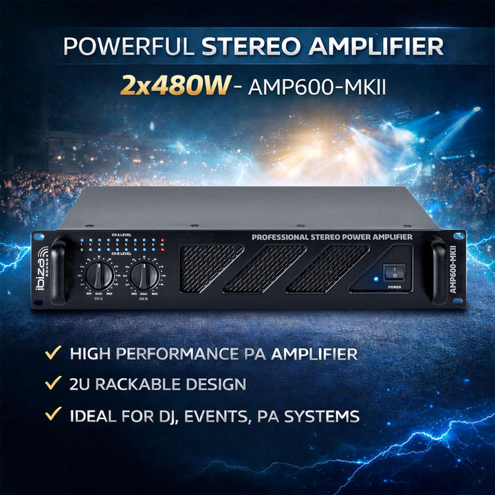 Ibiza - AMP600-MKII - Professioneller PA-Verstärker 2x480W mit RCA/Klinke Eingängen und Speakon/Born