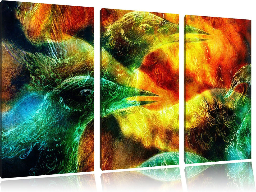 Pixxprint Vogel Phönix Collage als Leinwandbild - Grösse: 3-Teilig (120x80cm) - Wandbild - Kunstdruc