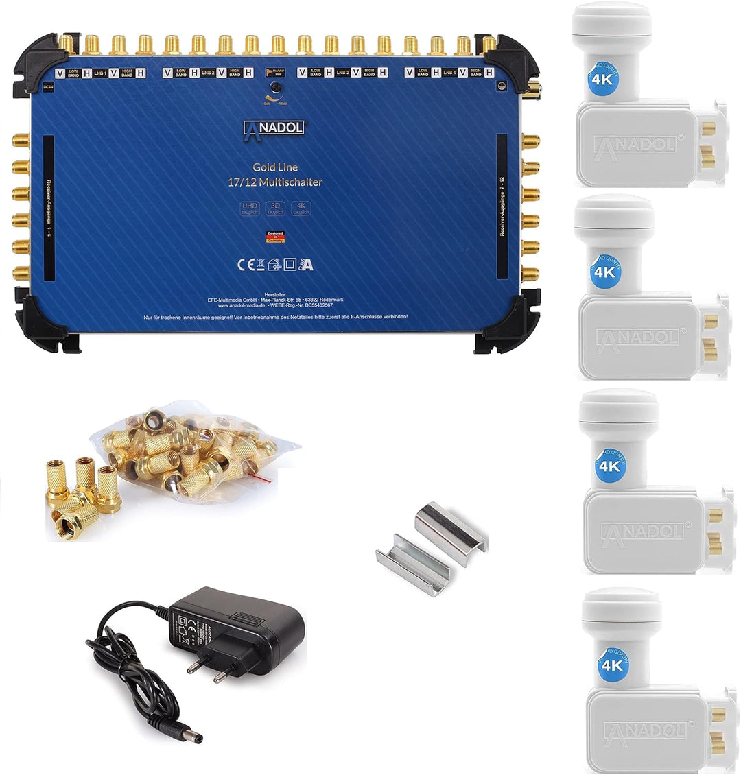4X Anadol Quattro LNB + Anadol Gold Line 17/12 Multischalter im Set - für 4 Satelliten & 12 Teilnehm